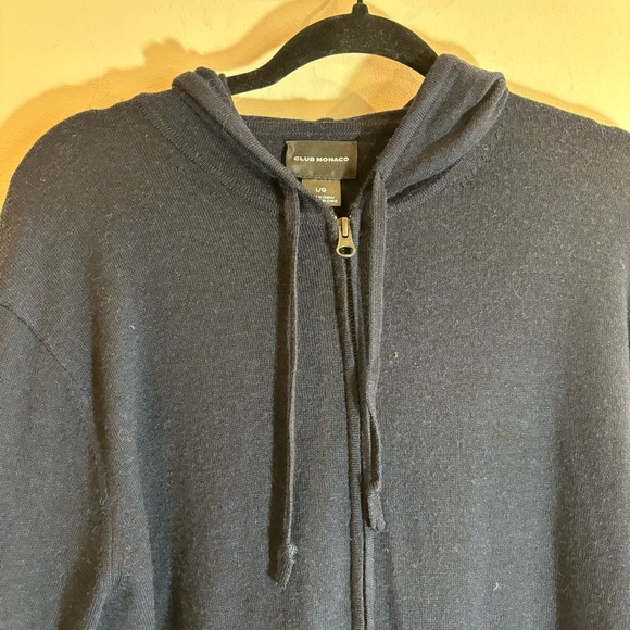 CLUB MONACO Sz  L 100% Merino Wool Navy Grey Drawstring Hooded Zip Up Cardigan - Picture 12 of 12